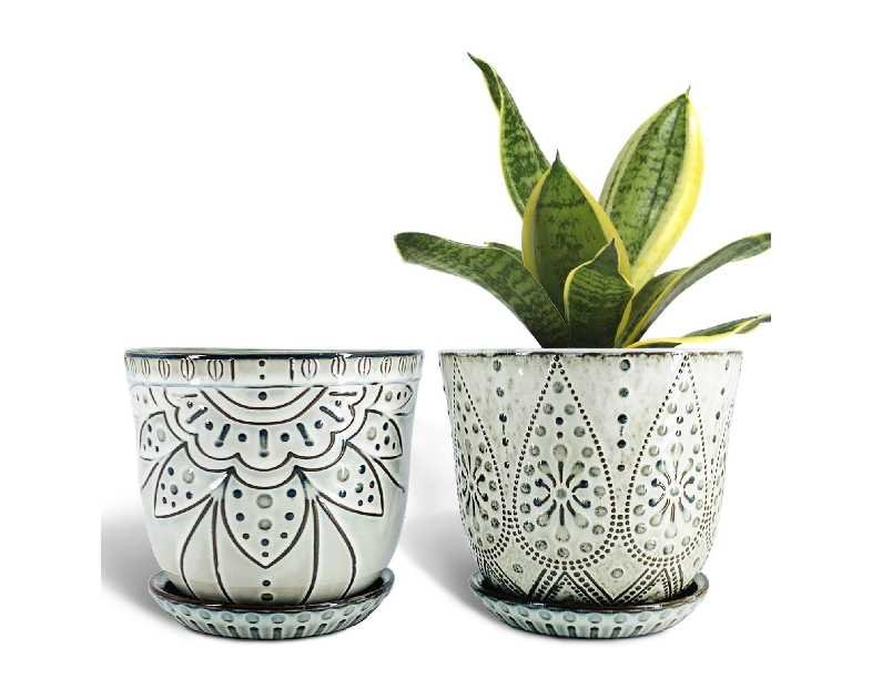 Gepege 6 Inch Beaded Ceramic Planter Set of 2 with Drainage Hole and Saucer for Plants, Indoor-Outdoor Large Round Succulent Orchid Flower Pot