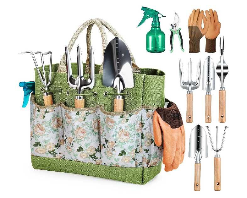 Gardening Tools 9-Piece Heavy Duty Garden Hand Tools with Fashion and Durable Garden Tools Organizer Handbag, Rust-Proof Garden Tool Set, Ideal Gardening Gifts for Women