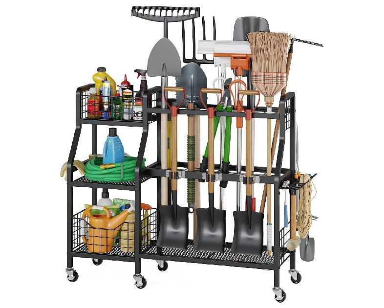 keomaisyto Garden Tool Organizer with 6 Wheels(3 lockable), Heavy Duty Yard Tool organizer with 2 Basket, Large Metal Garage Tool Organization and Storage for Garage/Shed/Yard/Broom Closet/Lawn