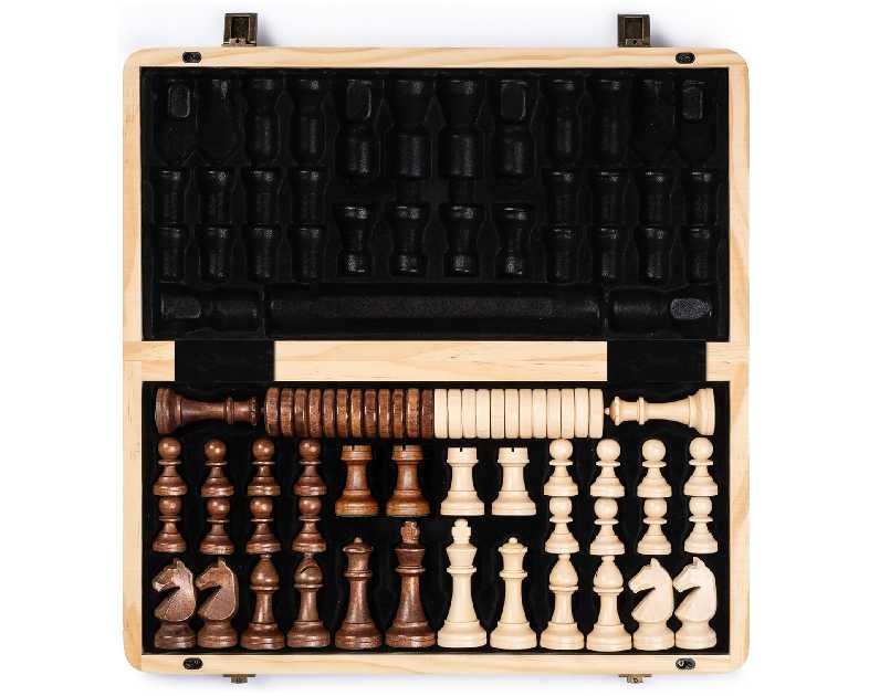 A&A 15" Magnetic Wooden Chess Set/Folding Board / 3" King Height German Knight Staunton Chess Pieces/Mahogany & Maple Inlaid /2 Extra Queen