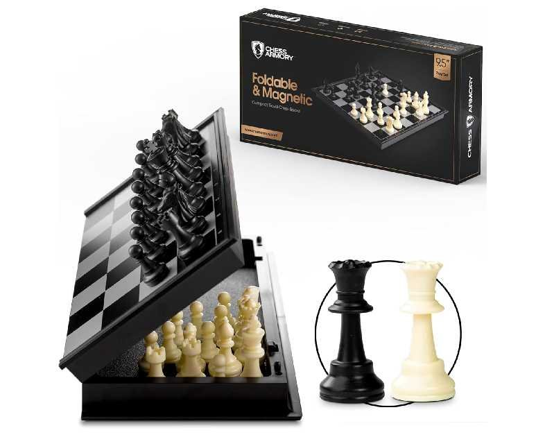 Chess Armory Magnetic 9.5 Inches Travel Chess Set - Folding Board with Storage Box & 2 Extra Queen.