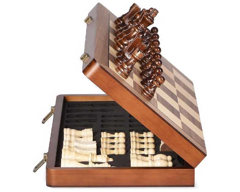 15" Wooden Chess Set with Magnetic Pieces - Extra Queens - Folding Chessboard Portable Travel Tournament Chess Board Games for Adults Kids