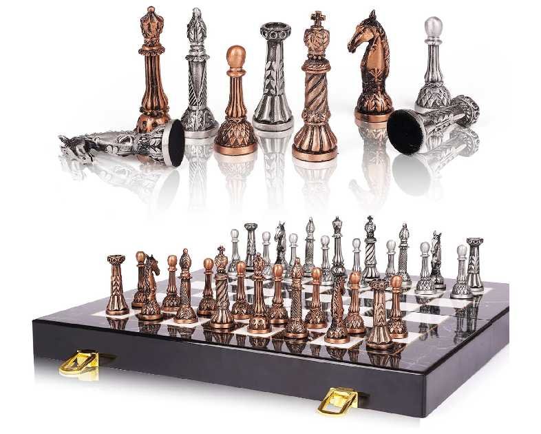 Retro Metal Chess Set for Adults and Kids – Marbling Chess Board with Chess Pieces – Travel Chess Set with Metal Pieces – Folding Chessboard – Ideal for Beginners and Professional Players