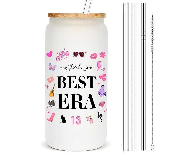 May This Be Your Best Era Themed Gifts, Birthday Gift Idea for Women, Merch, 16oz Glass Cup with Lid and Straws, Iced Coffee Mug, Glass Tumbler, Water Bottle, Stuff, Items, BE