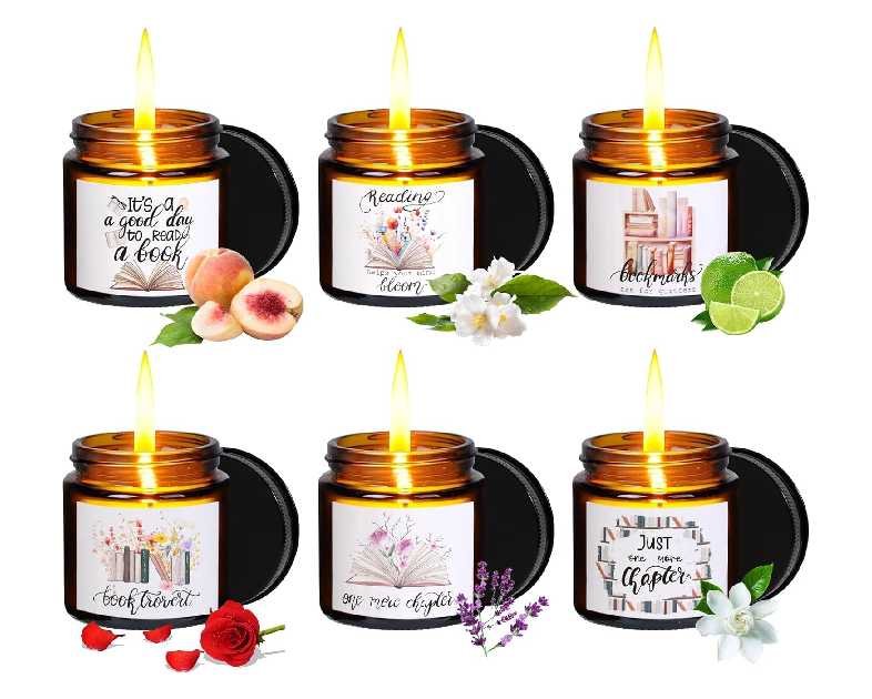 Kolewo4ever 6 Pieces Book Lover Scented Candle 4oz Readers Candle Library Lovers' Day Gifts Soy Wax Jar Candle for Readers Book Lovers Librarian Gifts