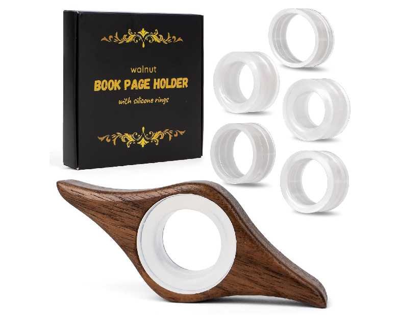 Book Page Holder with 5 Adjustable Rings, Handmade Natural Walnut Thumb Bookmark for Keep Book Open