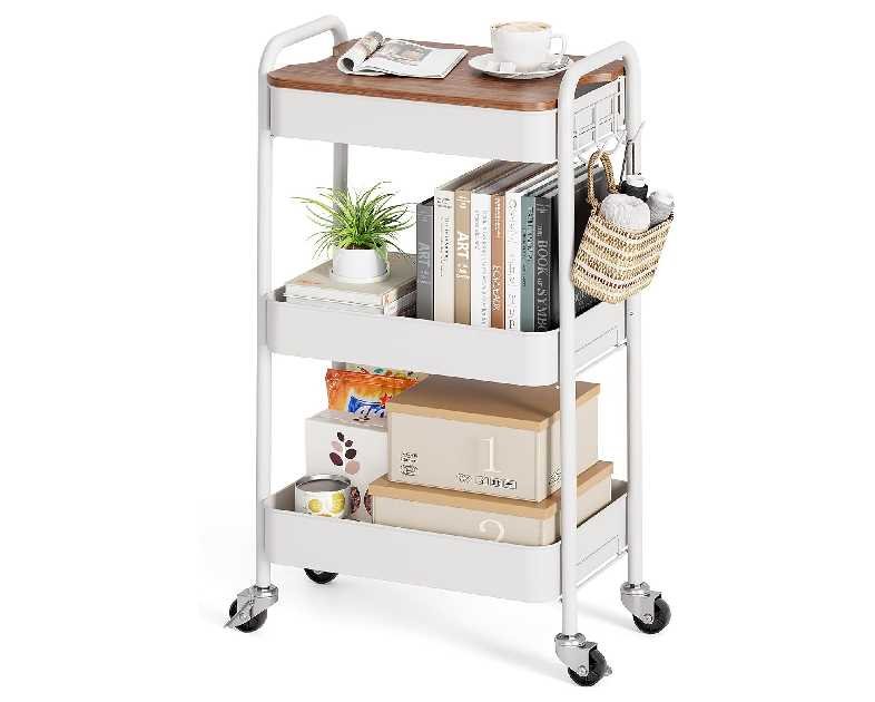 TOOLF 3-Tier Rolling Cart with Table Top, Metal Storage Cart on Wheels, Utility Organizer with Wooden Tray, Lockable Casters, Easy Assembly for Bathroom, Living Room, Office, Kitchen, White