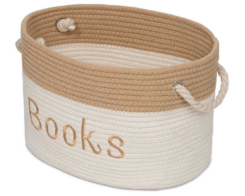 Rope Storage Basket - 15 x 11 x 9 Book Storage Bin - Embroidered Storage Bins - Tote Bin for Nursery, Playroom, Living Room, Classroom (Book Bin)
