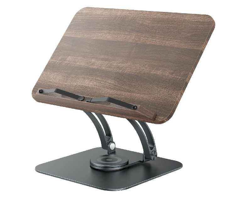 Tounee Book Stand for Reading, Adjustable Book Holder with 360° Swivel Base, Foldable Cookbook Stand Recipe Book Holder with Elastic Page Clips for Music Scores, Recipe, Tablet, Laptop-Gray