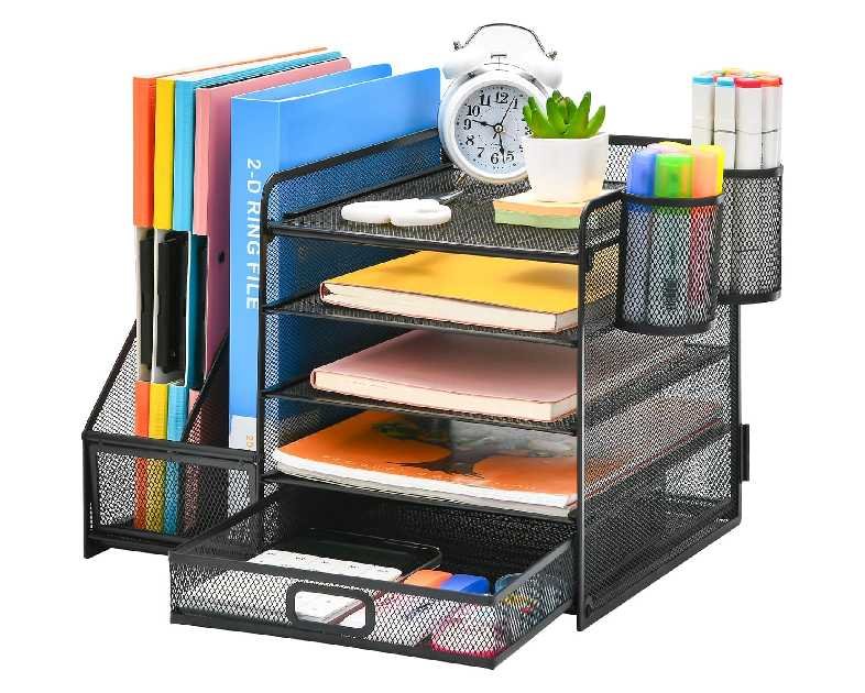 Marbrasse Desk Organizer with File Holder, 5-Tier Paper Letter Tray Organizer with Drawer and 2 Pen Holder, Mesh Desktop Organizer and Storage with Magazine Holder for Office Supplies(Black)