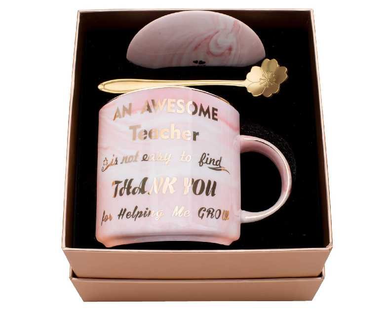 Luspan Teacher Appreciation Gifts,Teacher Gifts for Women,Pink Marble Ceramic Teachers Mug 11.5oz and Lid