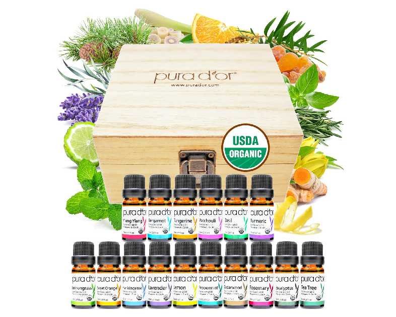 PURA D'OR Organic Sweet16 Essential Oils Set - 16x 10mL Wood Box Aromatherapy Gift Set - 100% Pure Therapeutic Grade for Relaxation and Wellness (Lavender, Rosemary, Turmeric, Ylang Ylang & More)