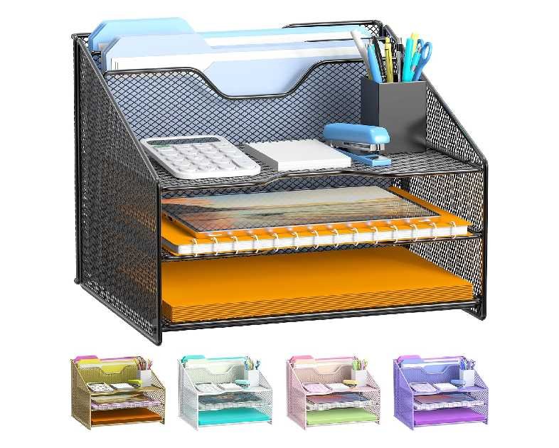Samstar Desk File Organizer, Mesh Letter File Folder Holder with 3 Paper Trays and 2 Vertical Upright Section, for Office Supplies,Desk Accessories & Workspace,Black.