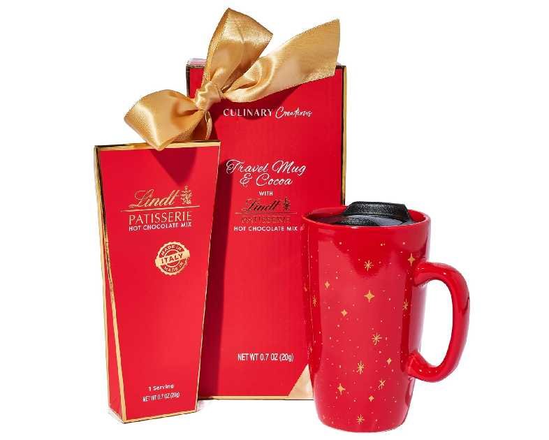 Travel Mug and Hot Cocoa Set, Includes Lindt Gourmet Hot Chocolate Mix and Ceramic Travel Tumbler with Lid in a Giftable Box, Great for Christmas