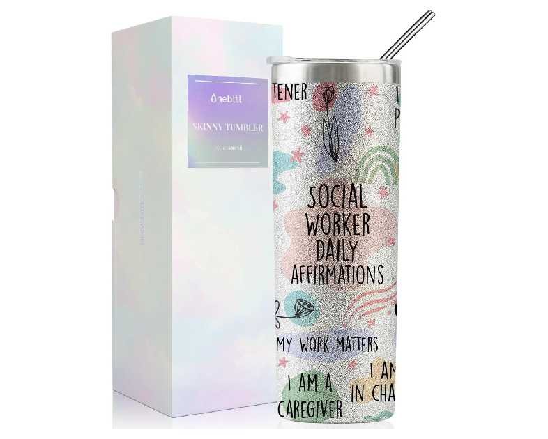 Onebttl Social Worker Gifts For Women - Social Worker - 20oz/590ml Stainless Steel Insulated Glitter Tumbler with Straw - Social Work Month, Appreciation, Graduation Gifts for BSW, MSW, DSW - (Silver)