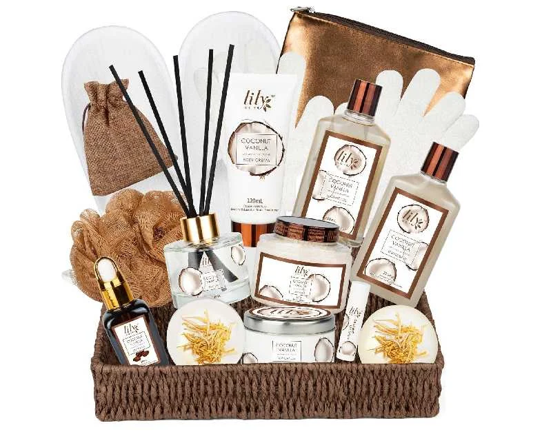 Bath and Body Gift Basket Set for Women - Coconut Vanilla Christmas Gifts for Women