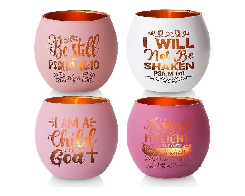 Christian Gifts for Women, Glass Candle Holders Set of 4, Pink Tealight Votive Candle Holders with Inspirational Bible Verses, Unique Religious Gifts for Mom, Sister, Friend, Coworker
