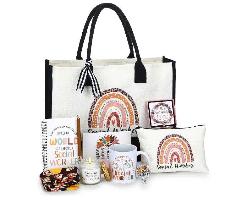 Aliceset 10 Pcs Gifts for Social Workers Set MSW Gift Include Coffee Mug Candle Canvas Tote Bag Cosmetic Bag Bracelet Badge Holder Socks Notebook Ballpoint Pen for Bsw DSW Volunteer