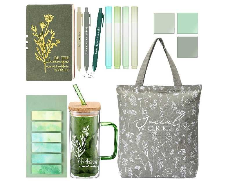 15 Pcs Christmas Social Worker Appreciation Gifts with 16 oz Glass Cup Canvas Bag Notebook Ballpoint Pen Sticky Note for Women Bsw Msw Dsw Lcsw Volunteer Coworker Office Supplies(Green)