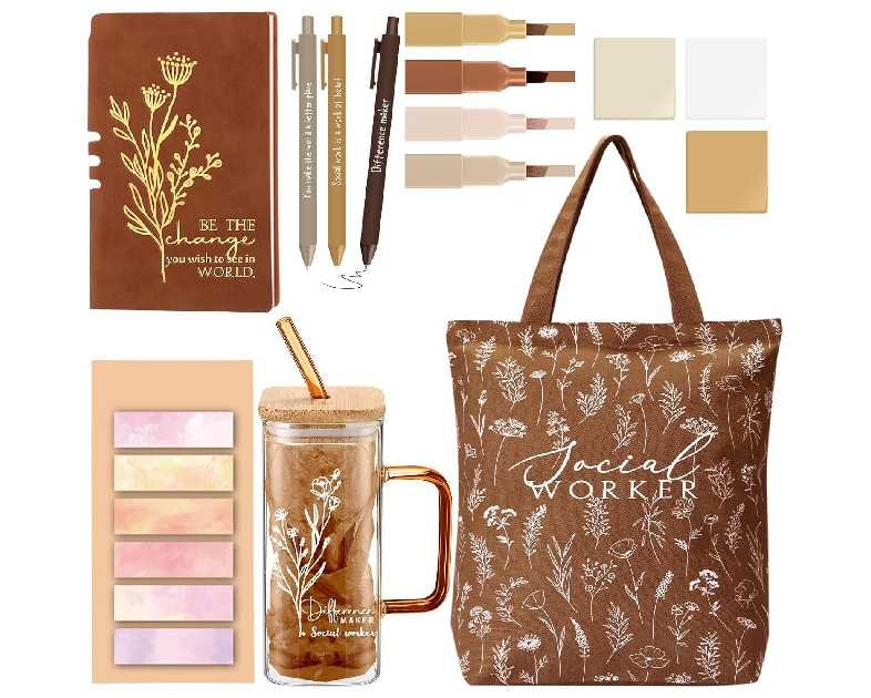 15 Pcs Christmas Social Worker Appreciation Gifts with 16 oz Glass Cup Canvas Bag Notebook Ballpoint Pen Sticky Note for Women Bsw Msw Dsw Lcsw Volunteer Coworker Office Supplies(Brown)