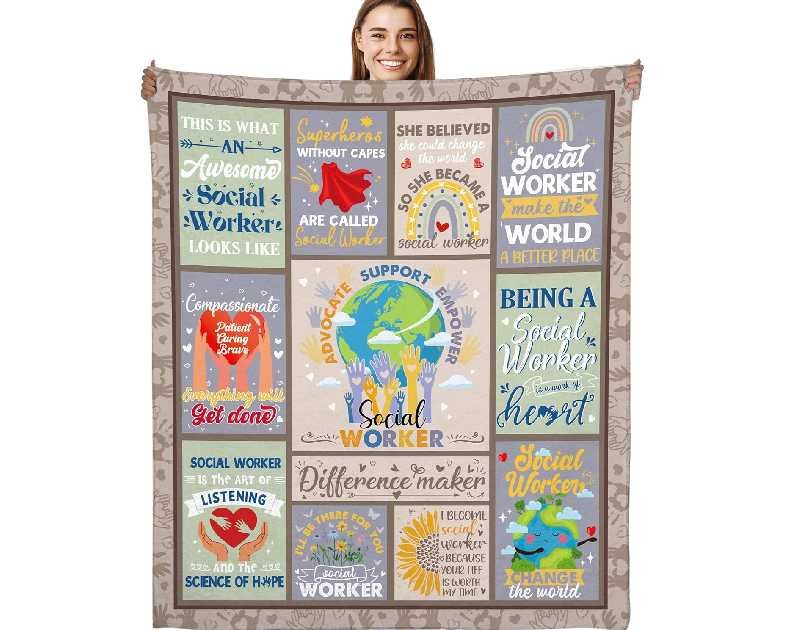 Social Worker Throw Blanket Gift, Inspirational Quotes Print Soft Cozy Brown 50x60 Flannel Blankets, Appreciation Gifts for Social Workers Women Men, Home Decor for Bed Sofa
