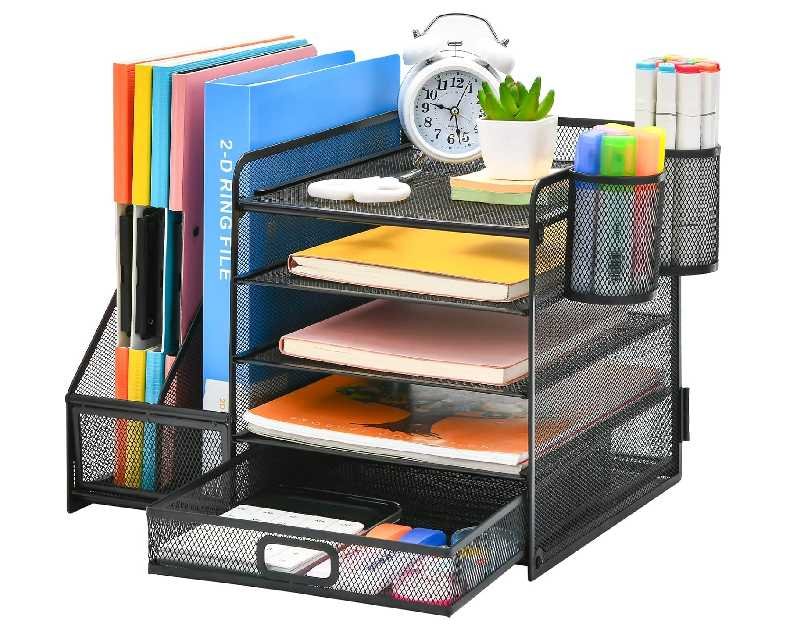 Marbrasse Desk Organizer with File Holder, 5-Tier Paper Letter Tray Organizer with Drawer and 2 Pen Holder, Mesh Desktop Organizer and Storage with Magazine Holder for Office Supplies(Black)