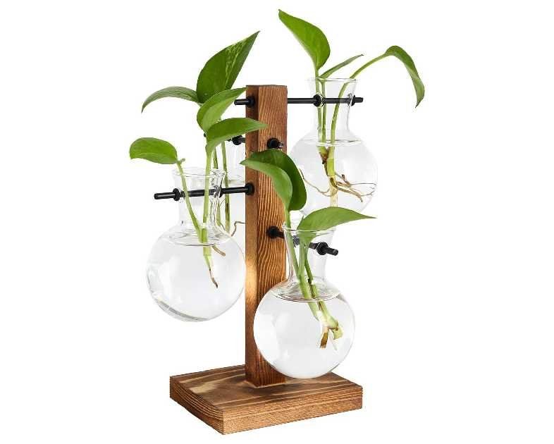 PAG Planter Terrariums Kit Desktop Hydroponics Air Plant Holder with 4 Bulb Beaker Glass Vase and Solid Wood Stand, Home Office Decoration Gardening Gift for Women