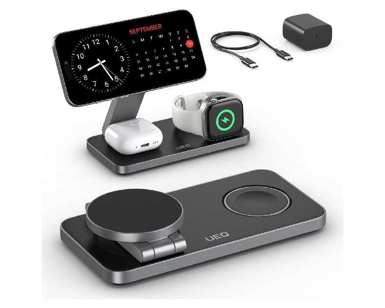 Foldable 3 in 1 Wireless Charging Station for Apple Magsafe Charger Stand,Fast Magnetic Wireless Charger Station for iPhone 17 Air 16 15 14 13 12 Series,Airpods Pro,Apple Watch Ultra (Pure Black)