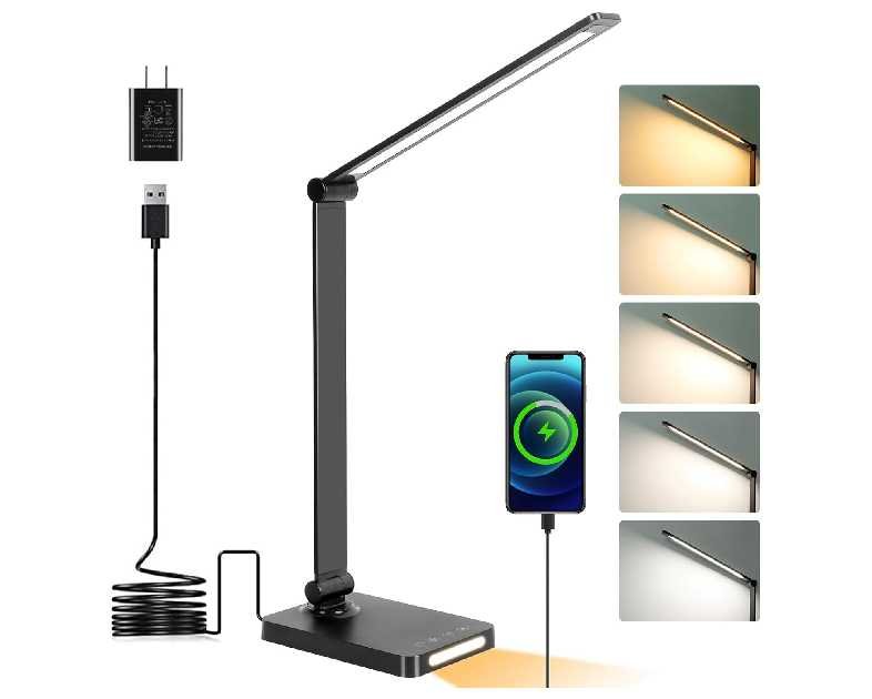 LED Desk Lamp with USB Ports,Touch Desk Lamps for Home Office with 5 Color Modes,3 Brightness Desk Light with Small Night Light,Reading Lamp Table Lamp for Bedroom Bedside Study Black （with adapter）