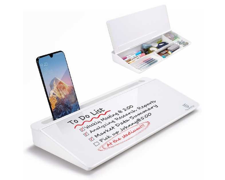 TSJ OFFICE Small Desktop Whiteboard -Glass Dry Erase Board Computer Keyboard Stand White Board Surface Pad with Drawer, Desk Organizers with Accessories for Office, Home, School Supplies