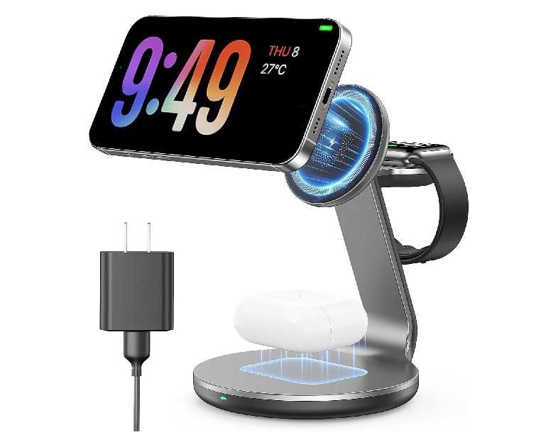 3 in 1 Charging Station for Apple Compatible with Magsafe Charger Stand for iPhone 17 16 15 14 13 12 Wireless Charging Station for AirPods Wireless Charger for iWatch Series