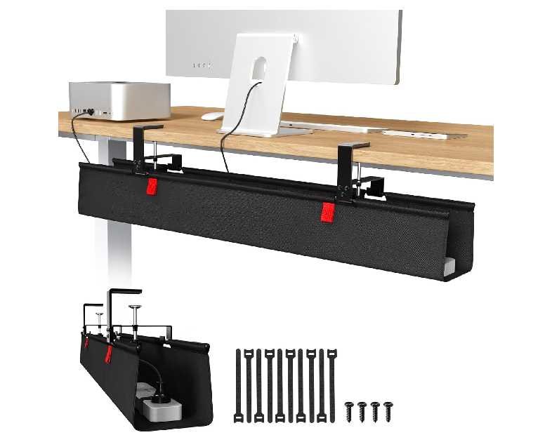 Univivi No Drill Under Desk Cable Management Tray, 36" Cord Organizer for Table, Clamp/Screw Mount Desk Cable Management, Premium Fabric Cable Management Tray for Office, Home