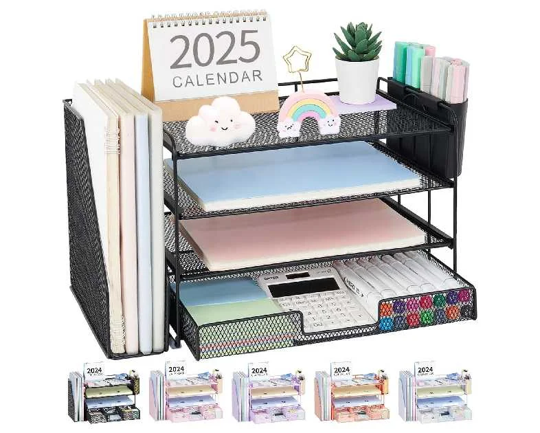 Desk Organizer and Accessories, 4-Tier Desktop File Organizer with Drawer and 2 Pen Holders, Office Desk Accessories, File Sorters, Workspace Organizers for Office Supplies(Black)