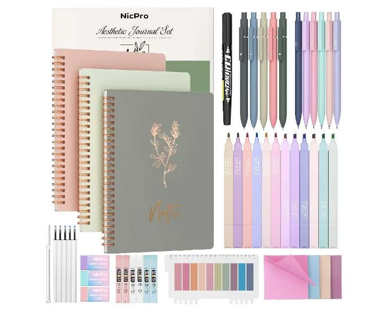 Nicpro 50PCS Cute Spiral Notebook Stationary Set For Women, Bible Journal Set, 3PCS A5 Spiral Notebook, Gel Pens, Sticky Notes & Tabs, Gift Box, Mechanical Pencils for Study Aesthetic School Supplies