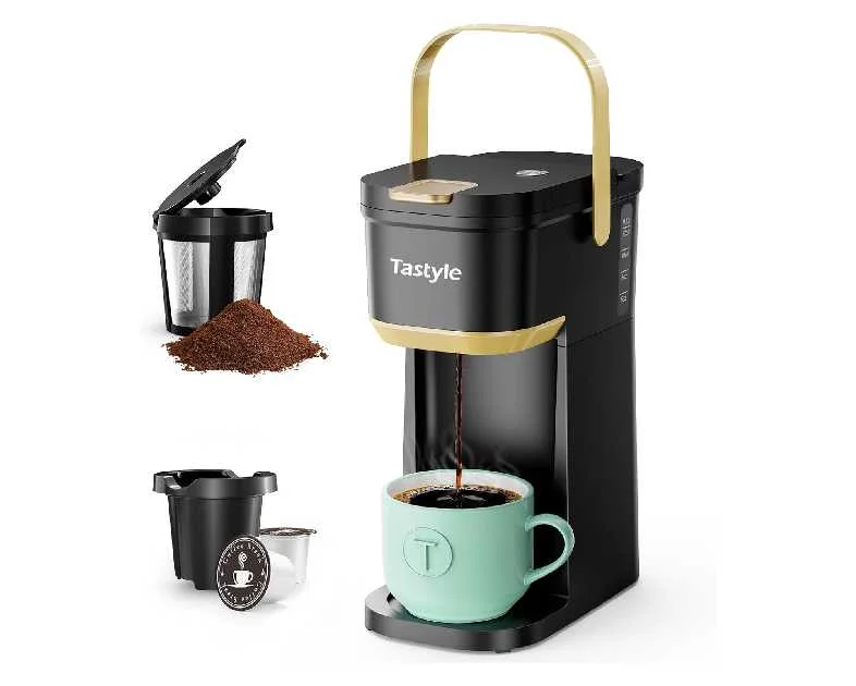 Single Serve One Cup Coffee Maker, for K Cups and Grounds, Mini Coffee Maker with Portable Handle, 6 to 12 Oz Brew Size, for Travel, Camping, Office, RV and Dorm, 120V, Black and Gold