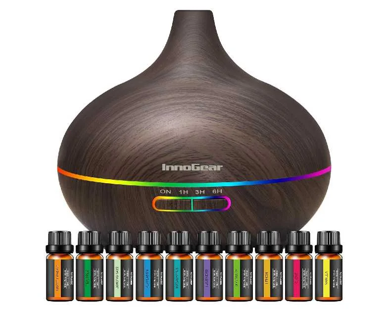 InnoGear Aromatherapy Diffuser & 10 Essential Oils Set, 400ml Diffuser Ultrasonic Diffuser Cool Mist Humidifier with 4 Timers 7 Colors Light Waterless Auto Off for Large Room Office, Dark Wood Grain