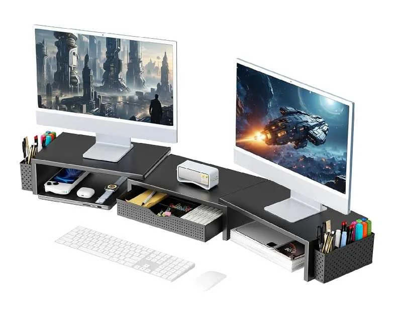 gianotter Dual Monitor Stand Riser, Desk Organizer With Drawer and 2 Pen Holders, Computer Monitor Stand, Shelf for Top of Desk, Black