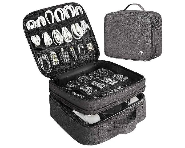 MATEIN Cord Organizer Case with Adjustable Divider, DJ Cable File Bag for Electronic Storage, USB Cable, Charger, Tech Accessories, Shockproof Portable Double Layer Cord Bags, Grey