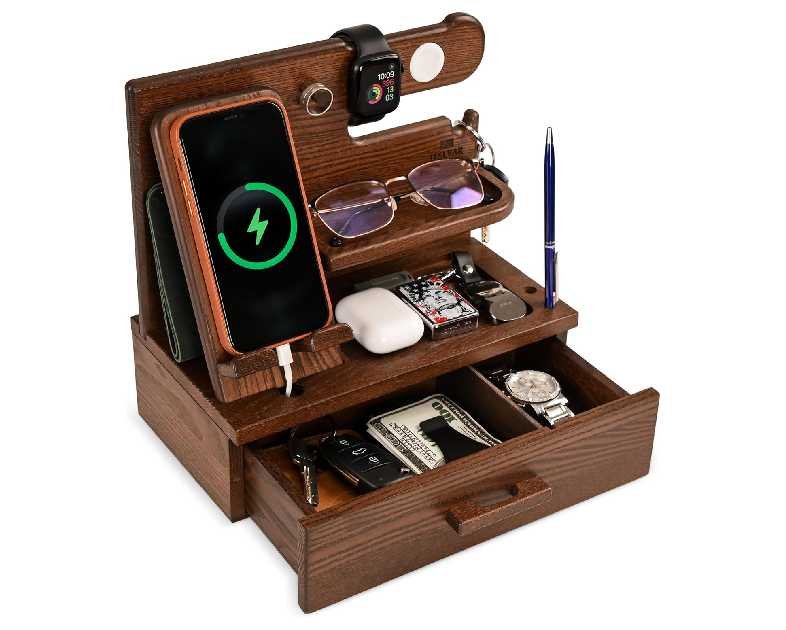 TESLYAR Wood Phone Docking Station with Drawer - Nightstand Organizer - Desk Organizer for Husband - Birthday Gifts for Men, Dad, Anniversary Idea, Key Holder Stand Watch & Accessories (Bourbon Brown)
