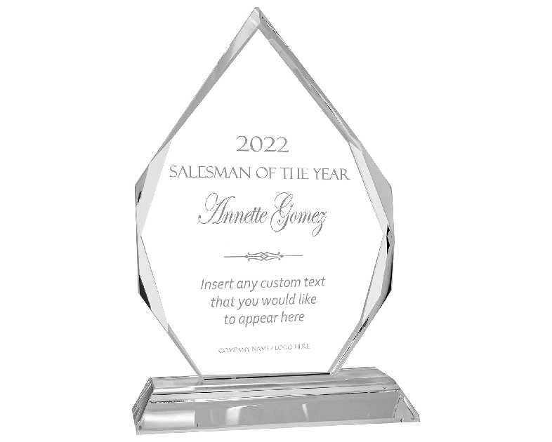 Personalized 7" Crystal Diamond Award with Text and Logo Upload, Custom Engraved Glass Award for Employee Appreciation, Recognition, Retirement and More