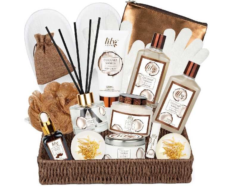 Bath and Body Gift Basket Set for Women - Coconut Vanilla Christmas Gifts for Women, Spa Gift Basket 17-Piece Bath Gift Set Self Care Gifts for Mothers Day, Fathers Day, Birthday Gifts for Her & Him