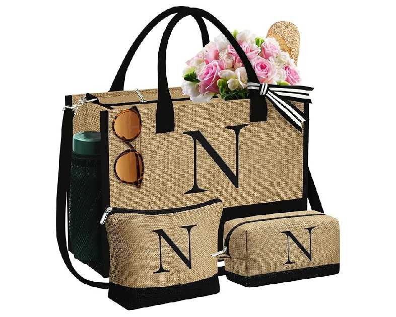 YOOLIFE Christmas Gifts for Women - Initial Jute Tote Bag & 2 Makeup Bags Personalized Gifts for Women Teacher Mom Friend