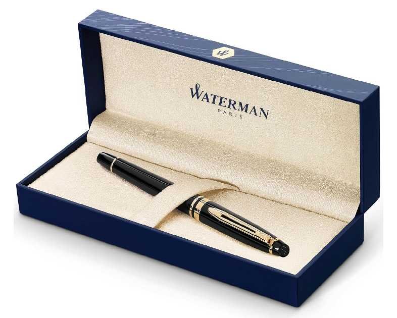 Waterman Expert Fountain Pen Gloss Black with 23k Gold Trim Fine Nib Gift Box