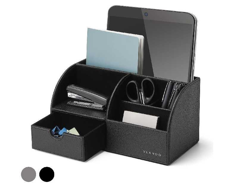 Vlando Office Desk Organizer Leather Desktop Organizer Caddy with Drawer for Storing Desktop Supplies and Accessories (Black)