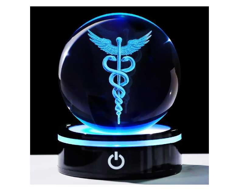 YWHL 3D Crystal Doctor Gifts for Women Men, Doctors' Day Gifts for Doctors, Laser Engraved Caduceus Figurine Ball with Colorful Light Base for Medical Students Medical Professionals (80mm)