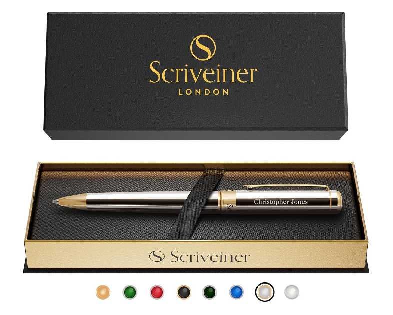Scriveiner Personalized Silver Chrome Ballpoint Pen - Stunning Luxury Pen, Real Gold Plating, Schmidt Ink Refill, Best Engraved Ball Point Gift Set for Men & Women, Custom Name Engraving