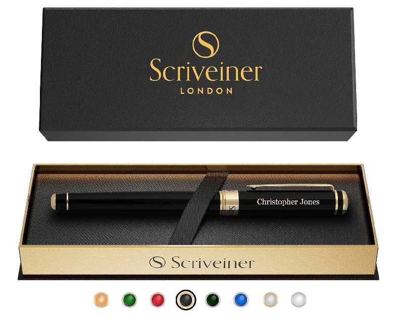 Scriveiner Personalized Black Rollerball Pen - Stunning Luxury Pen, Jet Black Lacquer & Real Gold Plating, Schmidt Ink Refill, Best Engraved Roller Ball Gift for Men & Women, Custom Name Engraving