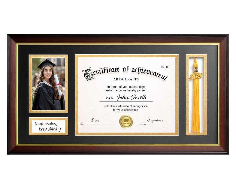 Yaetm 11x22 Diploma Frame with Tassel Holder for 8.5x11 Certificate Document & 4x6 Photo with High Definition Glass, Black Mat Over Gold Acid-free Mat, Mahogany Graduation Frame 2025