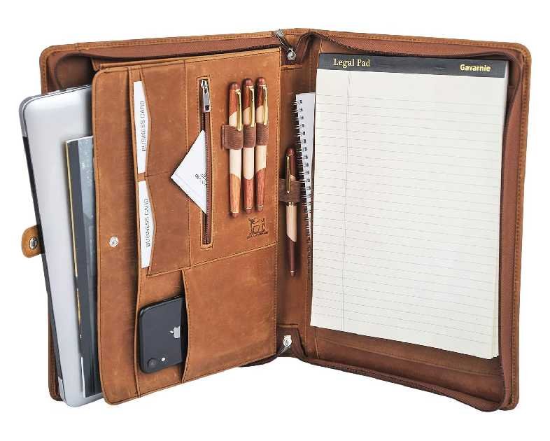 Genuine Leather Business Portfolio Padfolio Folder with Zipper for Men, Men's Leather Padfolio Folder for 13" Laptop, Business Portfolio with Letter Size Notepad, Graduation Gift，Brown