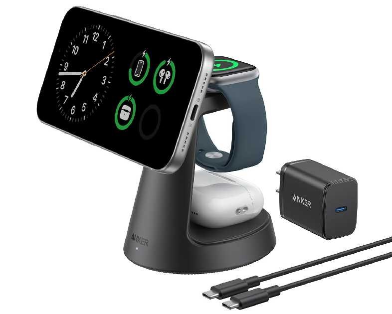 Anker MagSafe Charger Compatible, MagGo 3-in-1 Charging Station, Nano Charging Stand, Qi2 Certified 15W Magnetic Wireless Charger Dock, for iPhone17/16/15/14, Apple Watch,AirPods (Adapter Included)